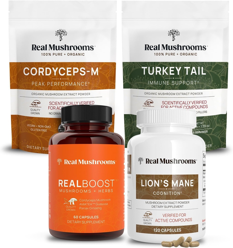 Real Mushrooms RealBoost (60ct), Lions Mane (120ct), Cordyceps & Turkey Tail Mushroom Powder & Capsules Bundle - Supplément de champignons pour l'énergie, la vitalité, l'endurance et la cognition - Vegan, non-OGM