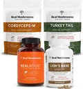 Real Mushrooms RealBoost (60ct), Lions Mane (120ct), Cordyceps & Turkey Tail Mushroom Powder & Capsules Bundle - Supplément de champignons pour l'énergie, la vitalité, l'endurance et la cognition - Vegan, non-OGM