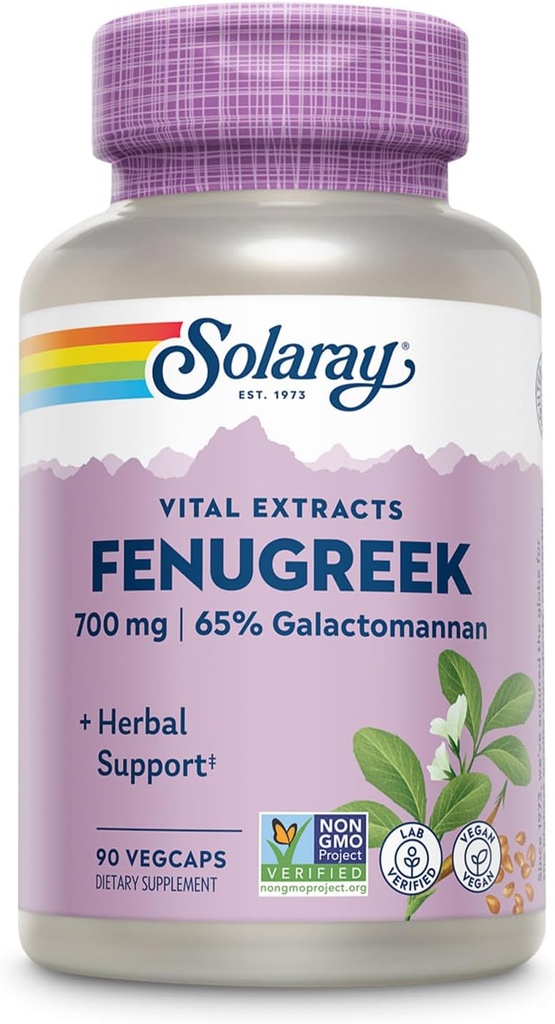 Solaray Extrait de graines de Fenugreek 700 mg - Capsules de Fenugreek avec 65% de fibre alimentaire Galactomannan - Non-OGM, Supplément Vegan Fenugreek pour un soutien à la digestion saine - 45 portions, 90 VegCaps