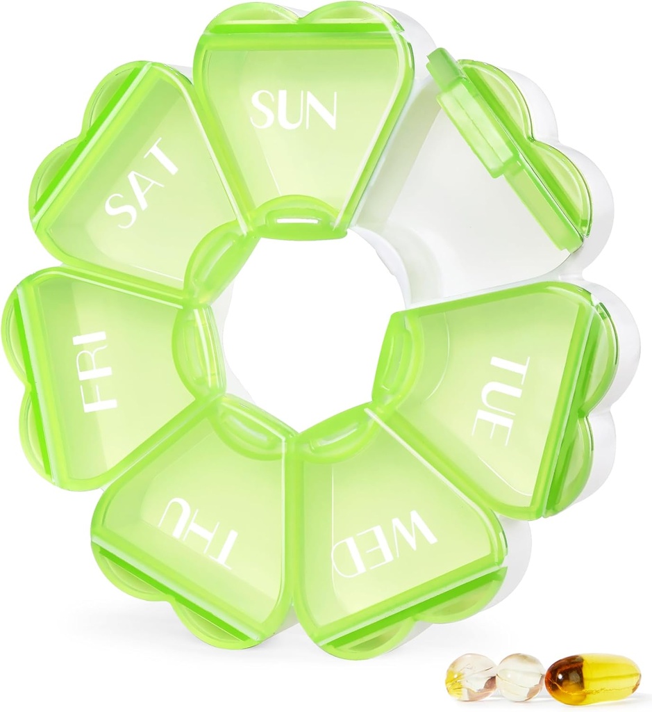 MOLN HYMY Large Weekly Pill Box 7 Day, Mute Pill Case Organizer 1 fois par jour, Pill Container Floral Une fois par jour, Pretty Medicine Dispenser for Vitamine/Pish Oil/Medication/Supplements (Vert)