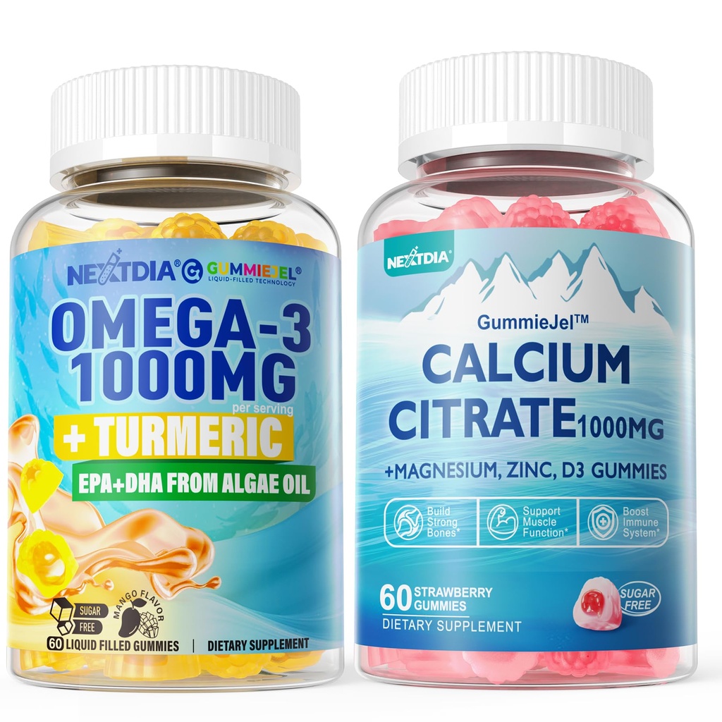 1paquet Citrate de calcium sans sucre, Citrate de magnésium et 1paquet Oméga-3 végétalien 1000mg + curcuma