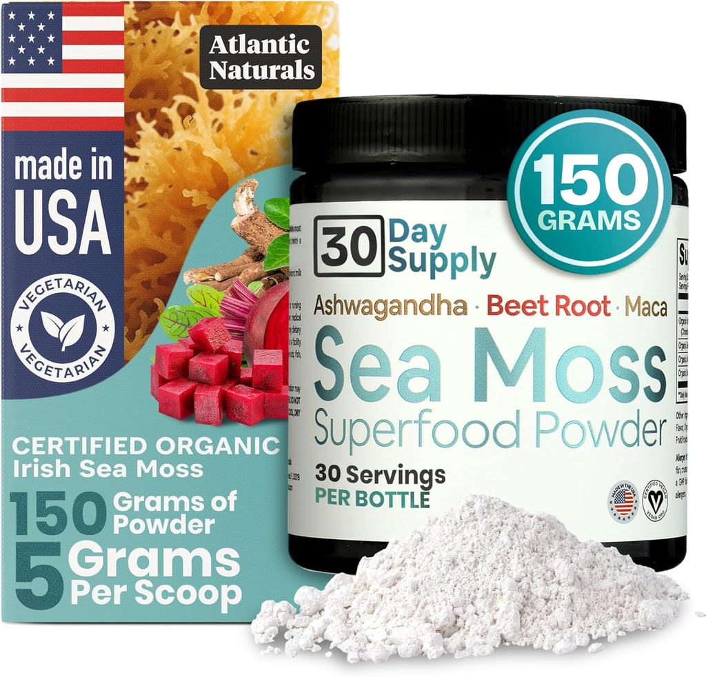 Atlantic Naturals Poudre de mousse de mer Superfood avec ashwagandha, racine de betterave et racine de maca - Poudre de mousse de mer soutient la peau saine, la performance athlétique et l'humeur positive - Vanilla Flavor (150g)