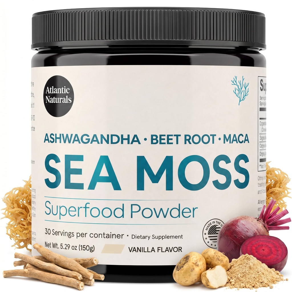 Atlantic Naturals Poudre de mousse de mer Superfood avec ashwagandha, racine de betterave et racine de maca - Poudre de mousse de mer soutient la peau saine, la performance athlétique et l'humeur positive - Vanilla Flavor (150g)