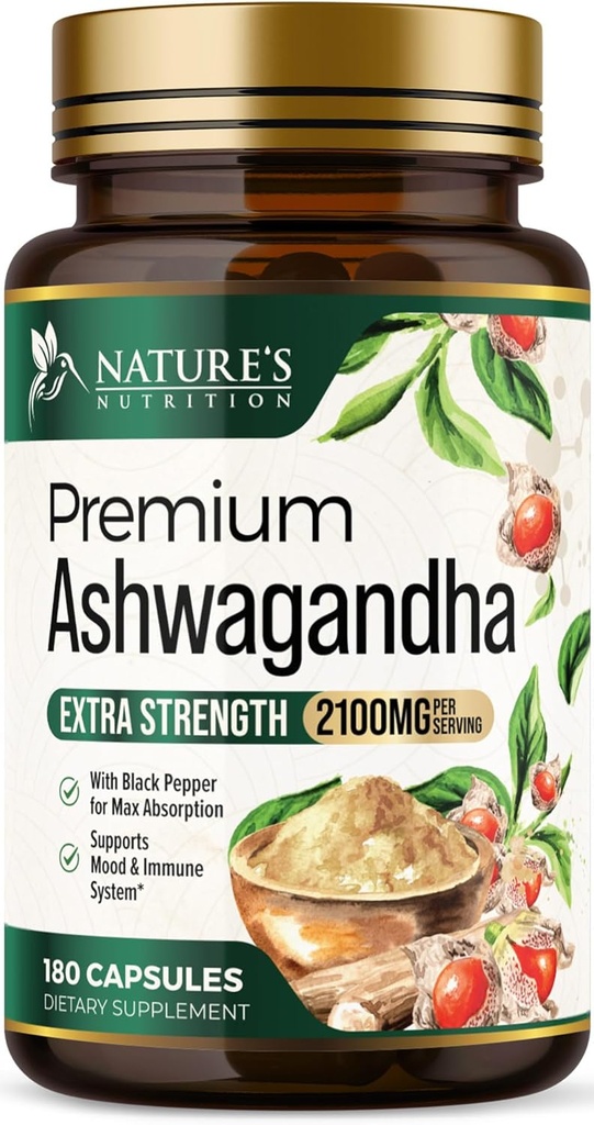 Suppléments Ashwagandha - 2100mg Ashwagandha Capsule pour les femmes et les hommes, Support antioxydant naturel, Extrait de racine Ashwa, Support calmant extra-fort avec poivre noir, végétalien et sans gluten - 180 capsules