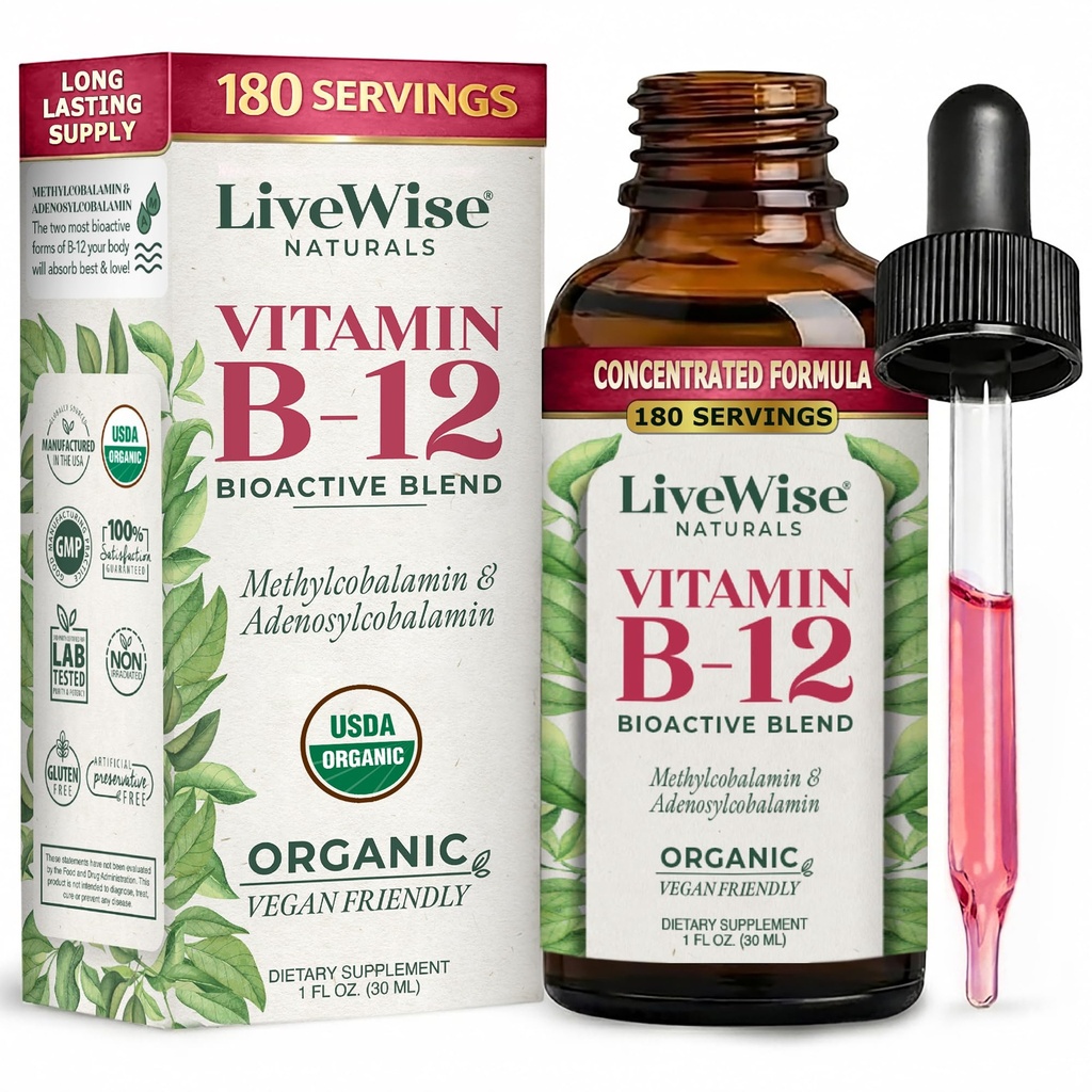 Organic Vitamin B12 1000 mcg Sublingual Liquid Drops For Adults, 6 Months Supply 1 oz, Methylcobalamin & Adenosylcobalamin - Bioactive Blend for Energy, Clarity & Focus - Vegan, Non-GMO, Unflavored