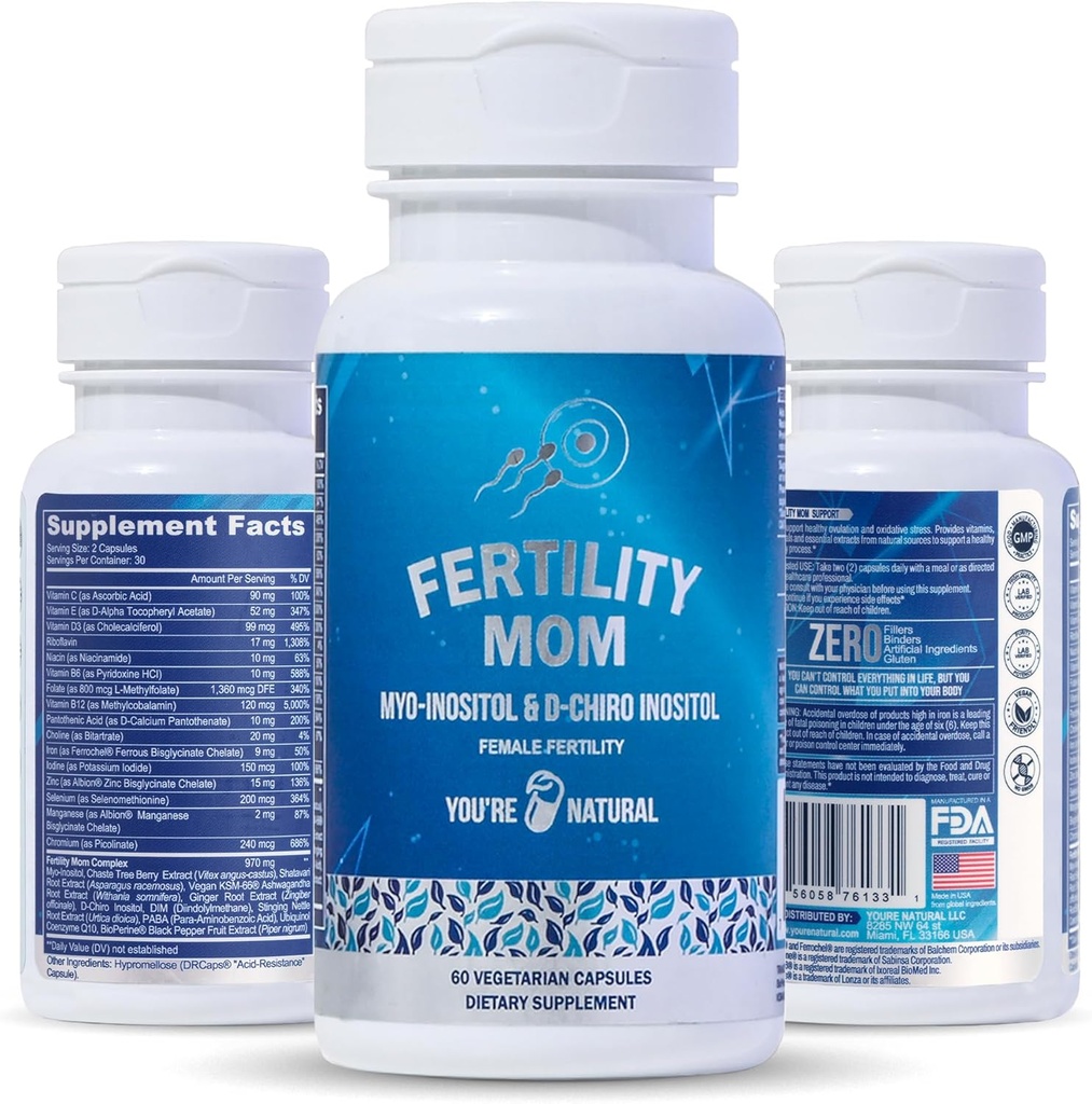 YOU'RE NATURAL Conception Vitamines de fertilité pour les femmes - Vitamines prénatales - Myo-Inositol, D-Chiro Inositol & Folate, Régule Cycle, Aide à l'ovulation, Hormonal & Ovarian Support, Vitex, 30 jours d'approvisionnement