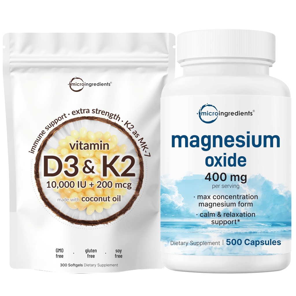 Micro-ingrédients Vitamine D3 10 000iu + K2 200mcg Huile de noix de coco Softgels & Magnésium Oxyde 400mg Bundle Pack