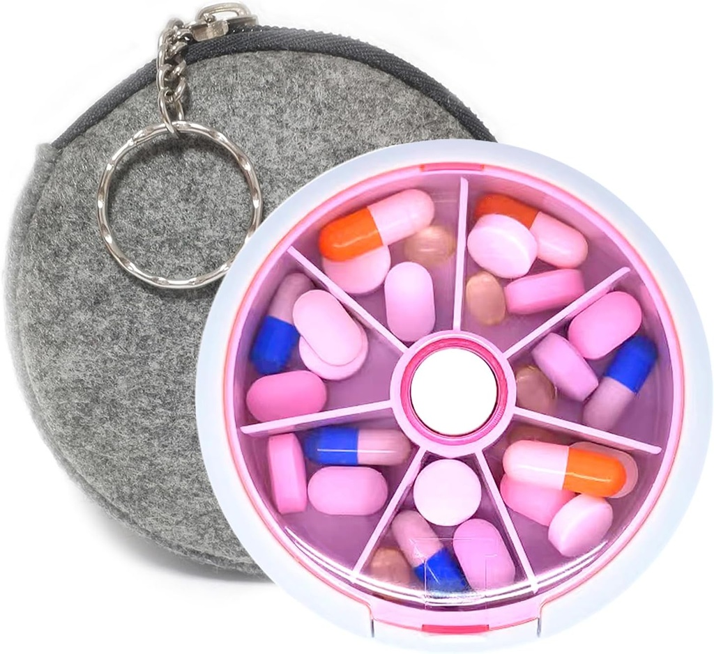 Pill Organizer Travel Pill Case for Purse Portable Pill Box Round Weekiy Pill Container for Vitamine Fish Oil Pills Suppléments (Pink+Bag)