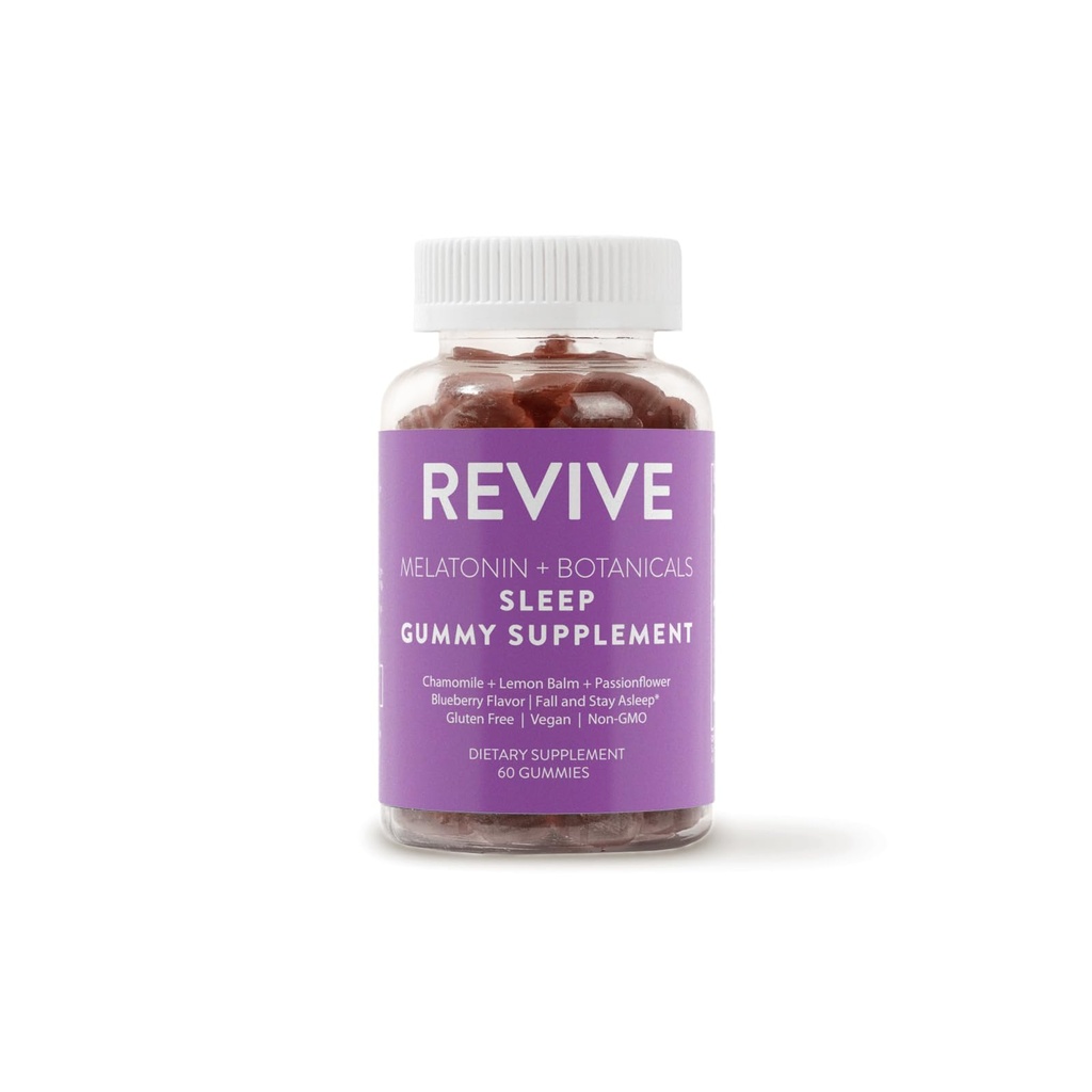 REVIVEEO Melatonine & Botanicals Sleep Gummy Supplément par Revive Essential Oils with Camomile, Lemon Baume & Passionflower - 5 mg Melatonine - Blueberry Savred