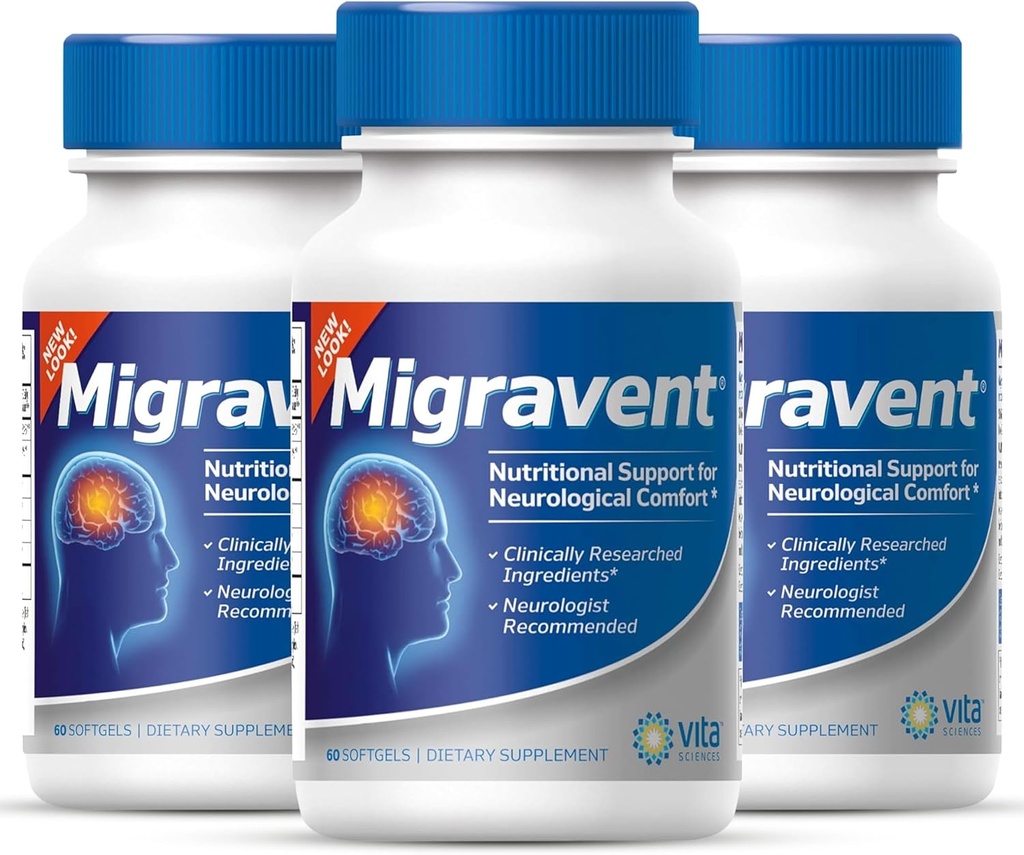 Vita Sciences Migravent – Formule nutritionnelle avancée avec Magnésium, CoQ10, Vitamine B2, et sans PA pour le soutien neurologique et vasculaire – 60 capsules (paquet de 3)