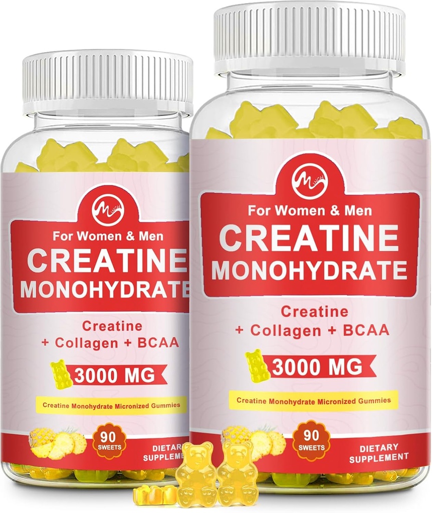 Gummy créatine, 3g de monohydrate de créatine par portion, sans sucre Gummy créatine monohydraté pour la croissance musculaire et la force avec 0,5g de collagène, 0,2g BCAA, 60 portions, ananas, 2 pack