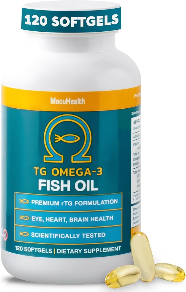 Macuhealth Omega 3 Huile de poisson - 1100mg DHA, 1100mg EPA, Supplément santé des yeux et du cerveau, formule de triglycéride, 120 Softgels