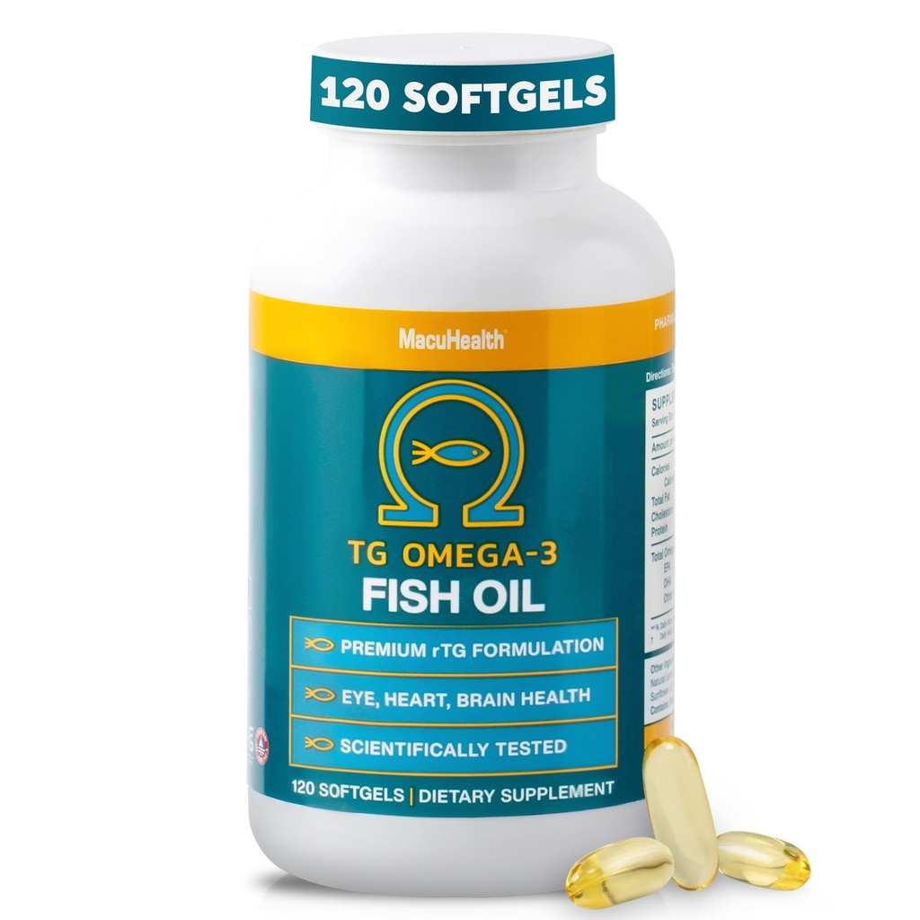 Macuhealth Omega 3 Huile de poisson - 1100mg DHA, 1100mg EPA, Supplément santé des yeux et du cerveau, formule de triglycéride, 120 Softgels