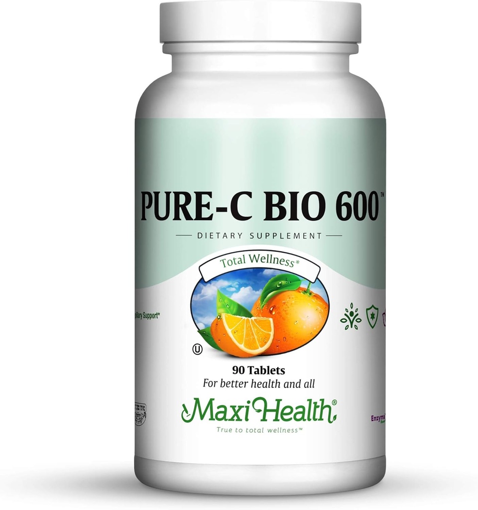 Supplément complexe de vitamine C 600 mg – Comprimés quotidiens recommandés de vitamine C avec des bioflavonoïdes de citron, du calcium et du phosphore – Soutien de santé immunitaire – Pure-C Bio 600 - Non-OGM, Vit C Comprimés végétaliens 90