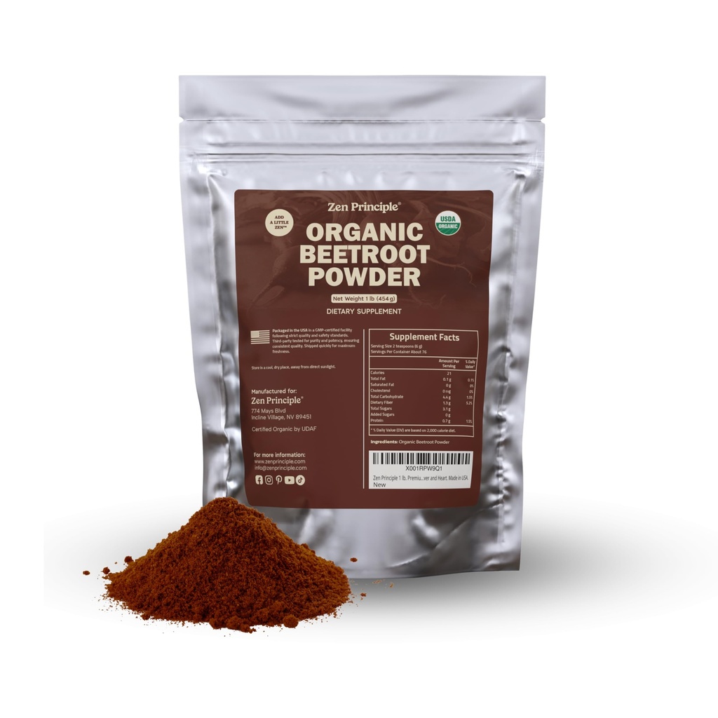 Principe Zen 1 lb. Poudre de betterave biologique Premium. 100% certifié USDA. Plus de fibres et moins de sucre que le jus de betterave. All Natural Energy Boost, soutient le foie et le cœur en santé. Fabriqué aux États-Unis.