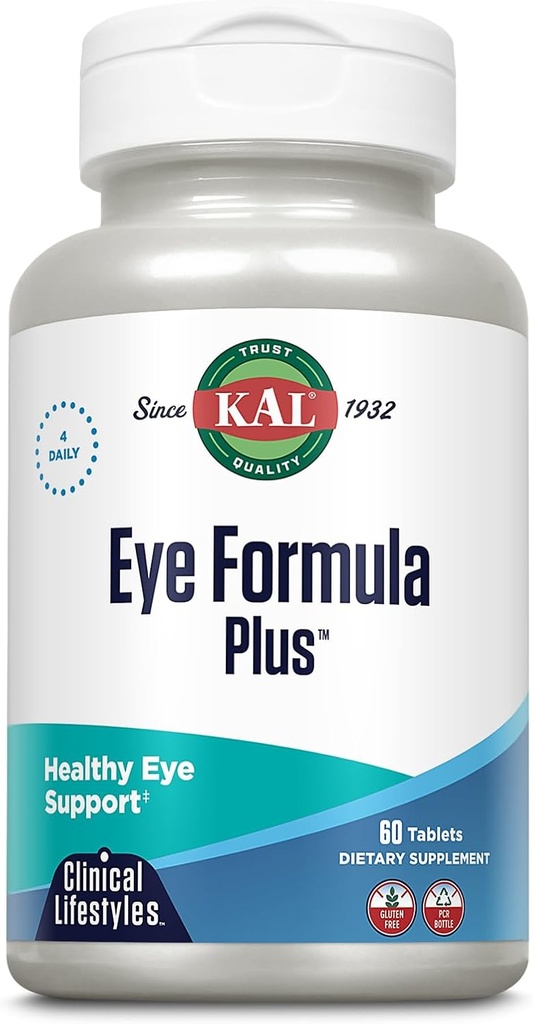KAL Eye Formula Plus, Eye Care and Vision Complements for Adults, with Eye Vitamines Lutein and Zeaxanthin, Plus Bilberry Extract, Goji and Blueberry Extract, Garantie de 60 jours, 15 portions, 60 comprimés