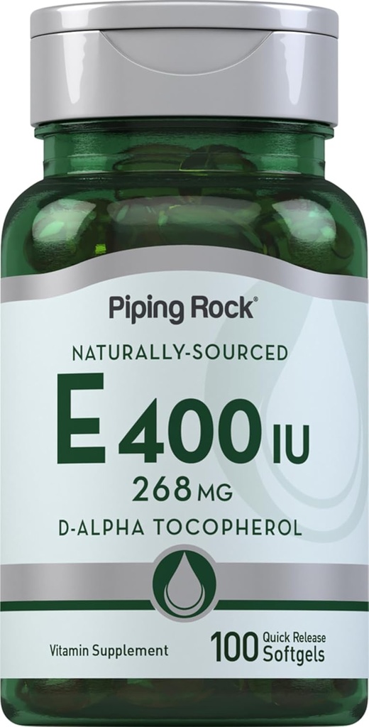 Piping Rock Vitamine E 400 UI Softgels : 268 mg 100 Capsules Softgel : D-Alpha Tocopherol : Non-OGM, Supplément sans gluten