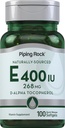 Piping Rock Vitamine E 400 UI Softgels : 268 mg 100 Capsules Softgel : D-Alpha Tocopherol : Non-OGM, Supplément sans gluten