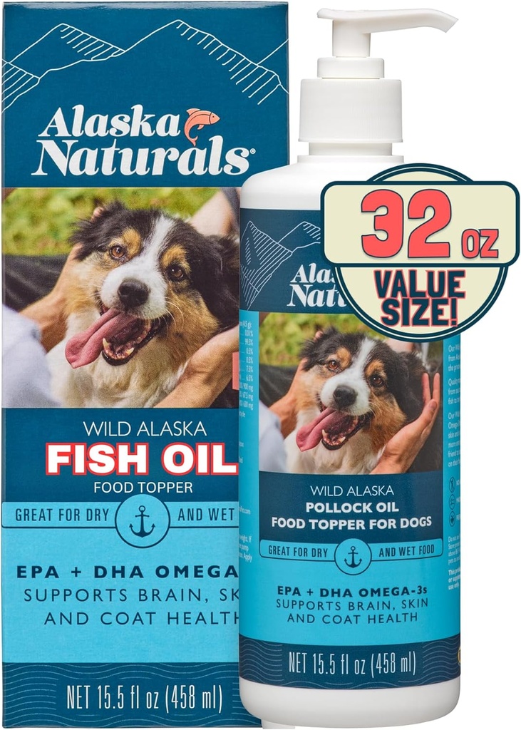 Alaska Naturals Wild Alaskan Fish Oil Complement for Dogs Skin and Coat with EPA DHA Omega 3 Fatty Acides Sustainable Liquid Food Topper 32 oz. Pompe