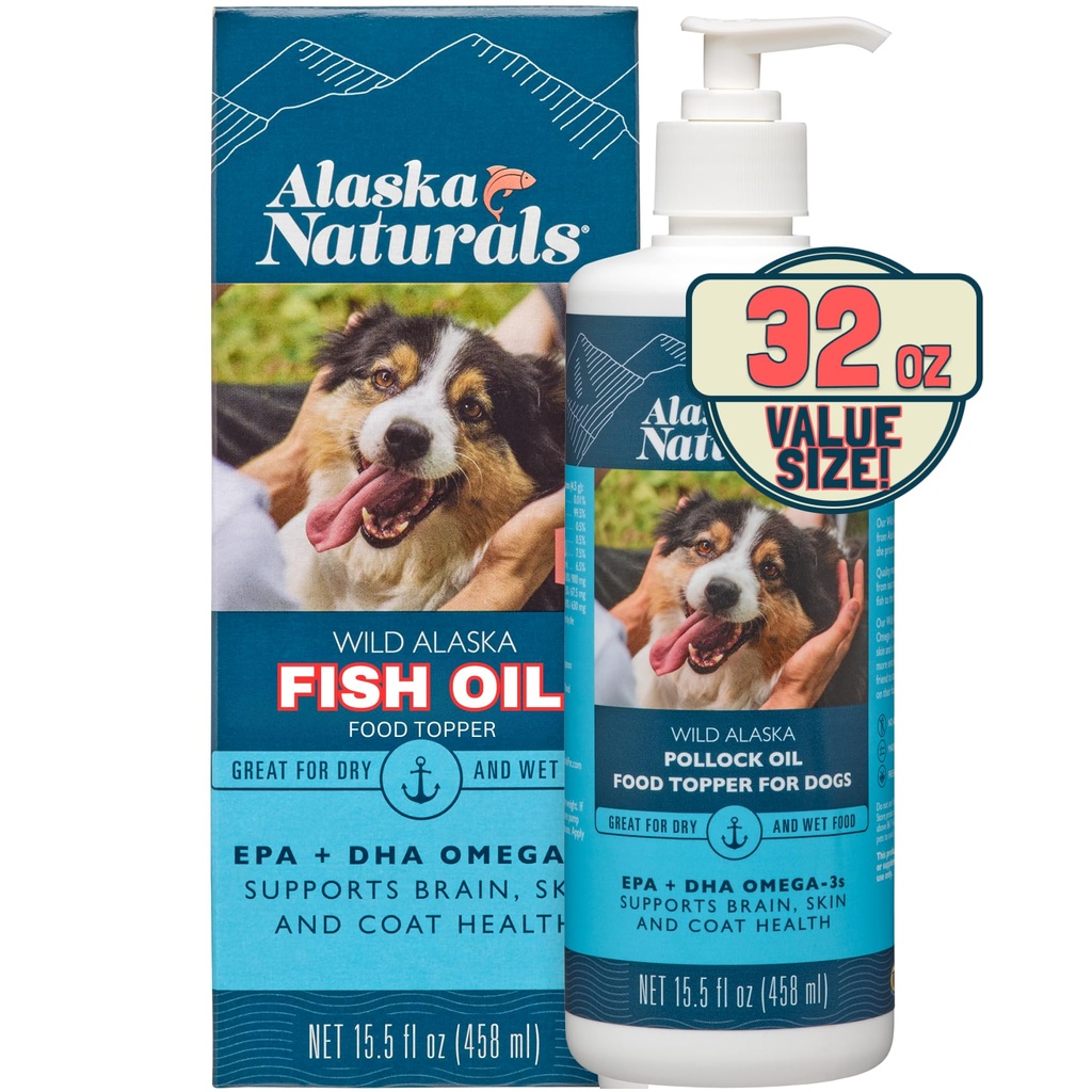 Alaska Naturals Wild Alaskan Fish Oil Supplement for Dogs Skin and Coat with EPA DHA Omega 3 Fatty Acids Sustainable Liquid Food Topper 32 oz. Pump