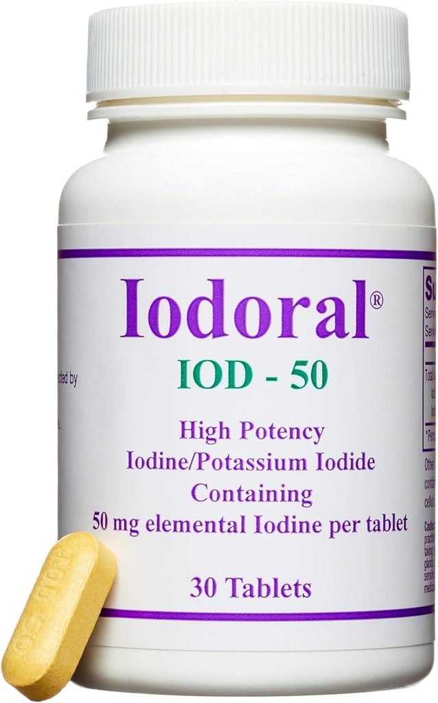 Supplément Iodoral Optimox 50 mg - comprimés d'iodure de potassium, iode de haute puissance, suppléments pour support thyroïdien, solution d'iode de Lugol - 30 Compte