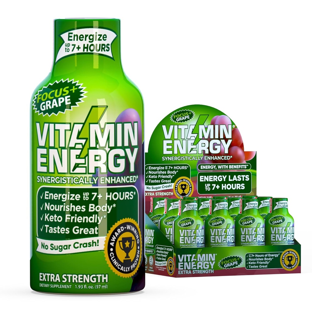 Vitamine Energy Focus+ Extra Strength Energy Shot Grape 12 Pack, 260mg Caféine naturelle, B-Vitamines, CoQ10, Acides aminés, Focus, Productivité et Clarté, Zéro sucre, Sans gluten, 1,93 fl oz