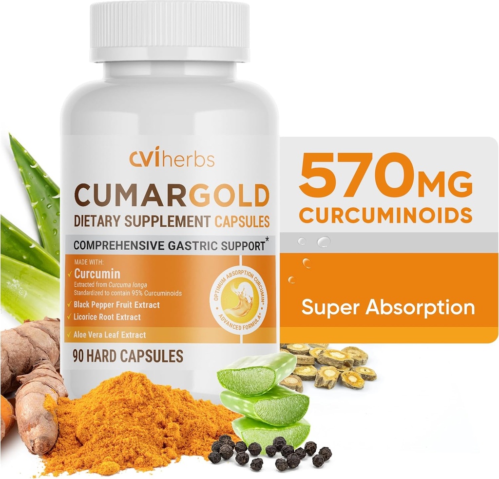 Cumargold 570mg Curcuminoides Curcumin curcumin avec Piperine, Racine de réglisse et Aloe Vera - Capsules de bien-être naturel de haute puissance (90 Nombre)
