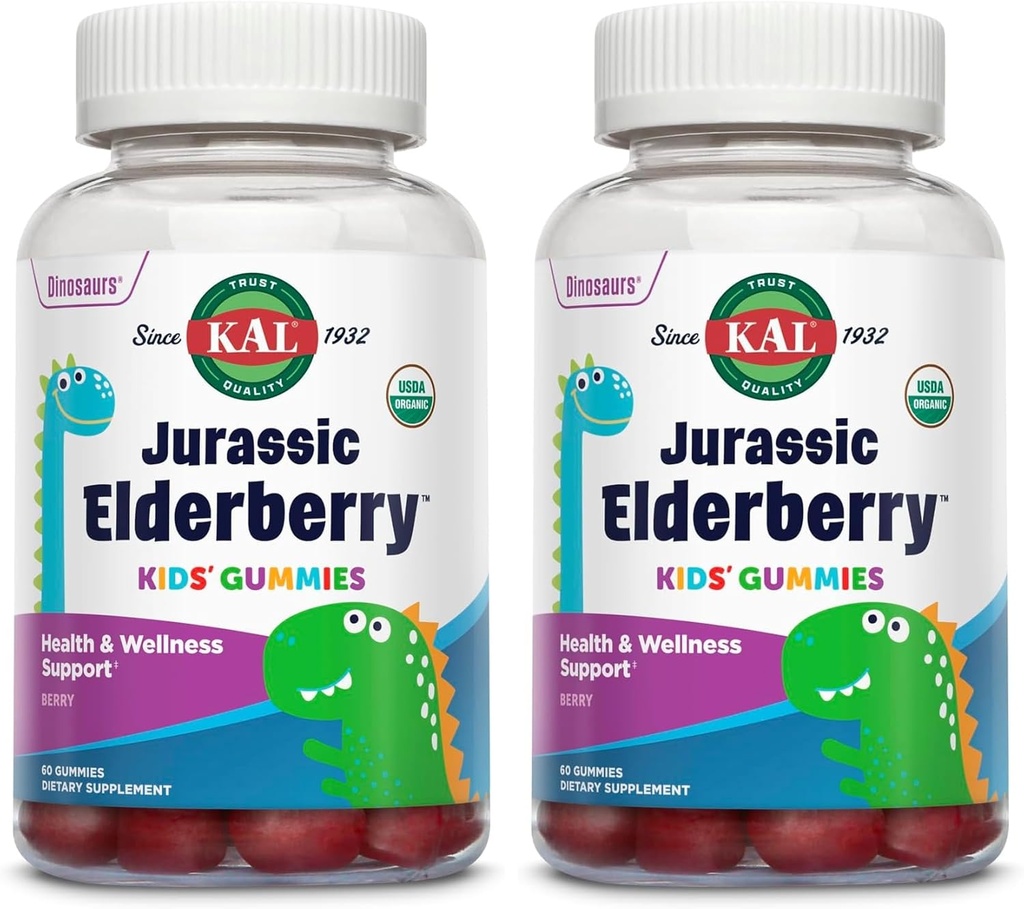 KAL Jurassic Elderberry Kids Gummies | Healthy Immune Support | USDA Organic, Vegan, Gluten Free | 30 Serv, 60 Ct (Pack of 2)