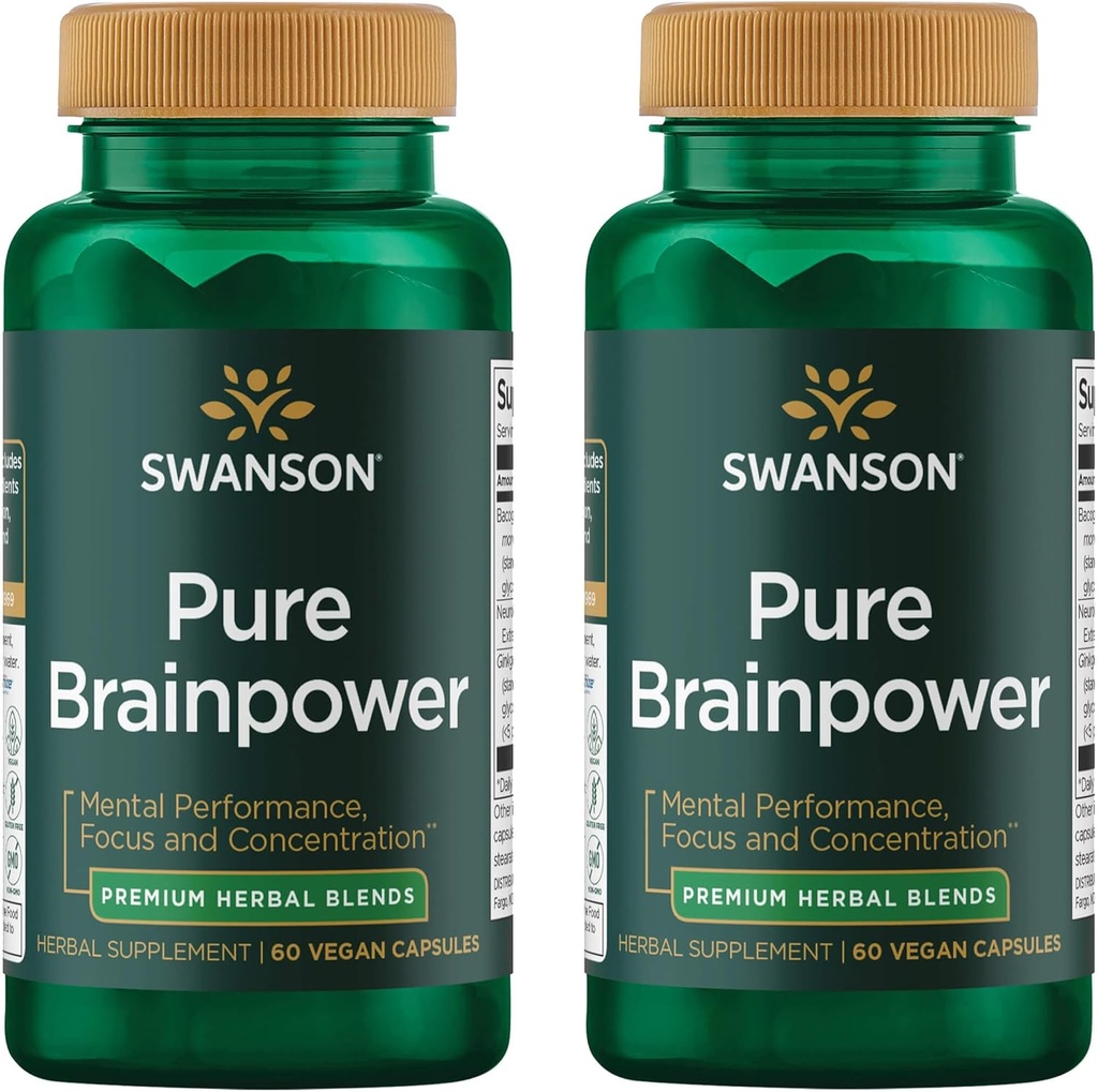 Swanson Pure BrainPower Cerveau Santé Mémoire cognitive Focus Soutien Facteur neurotrophique dérivé du cerveau (FBDN) Supplément à base de plantes (Ginkgo Biloba, Bacopa Monnieri) 60 Capsules de Veggie (capsules de Veg) (2 Pack)