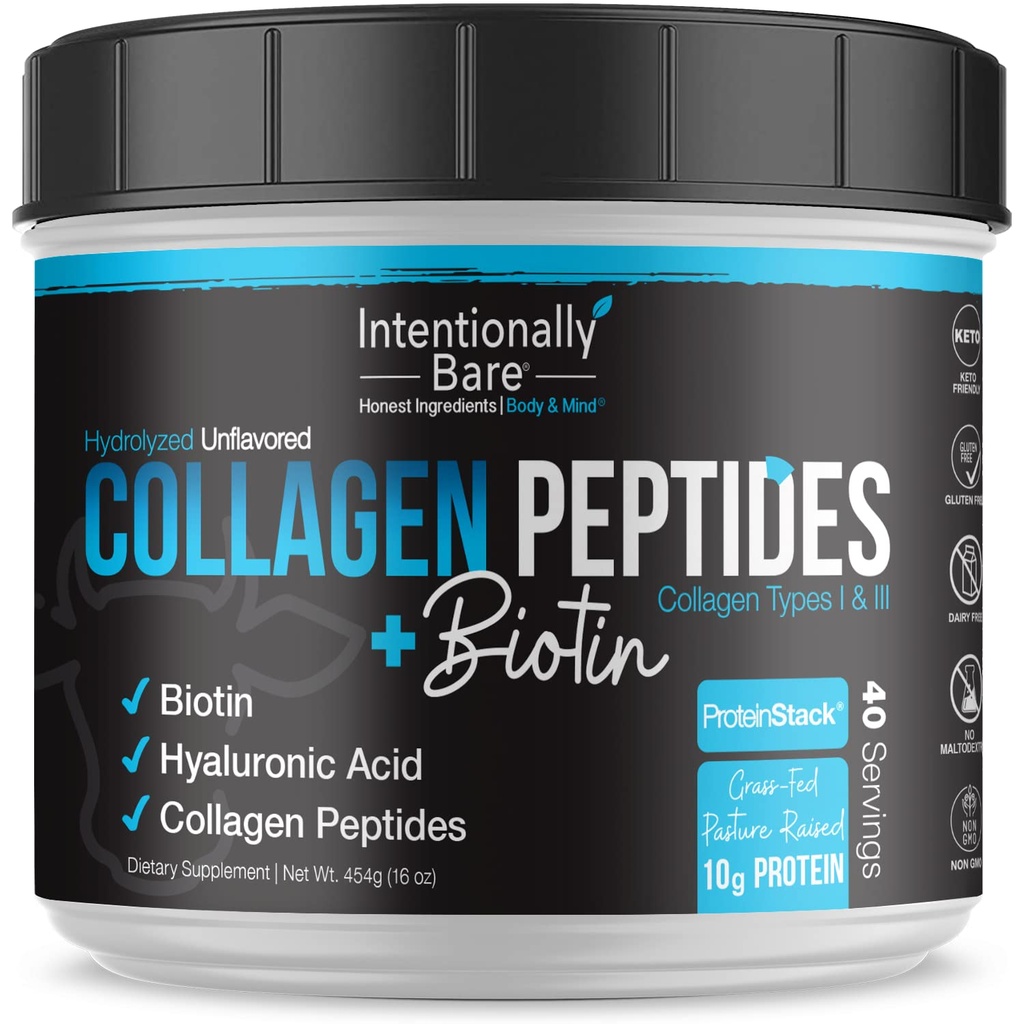 Poudre de collagène non aromatisée intentionnellement - Poudre de peptides de collagène avec biotine et acide hyaluronique - Poudre de protéine de collagène non-OGM et graminée avec 10g de protéines - Poudre de collagène kéto 40 portions
