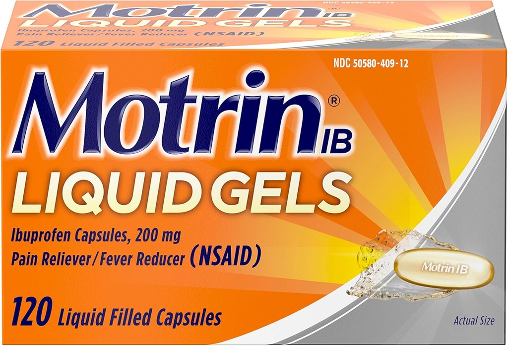 Motrin IB 200mg Ibuprofène Gel liquide analgésique / Réducteur de fièvre pour les douleurs, 120 ct