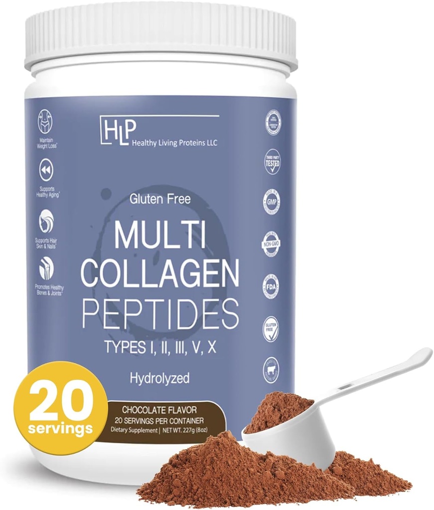 Protéines pour un mode de vie sain - Peptides multicollagènes hydrolysés Poudres de types I, II, III, V et X - Fovine de l'herbe, poulet marin à l'état sauvage - sans gluten (chocolat, 8 oz)