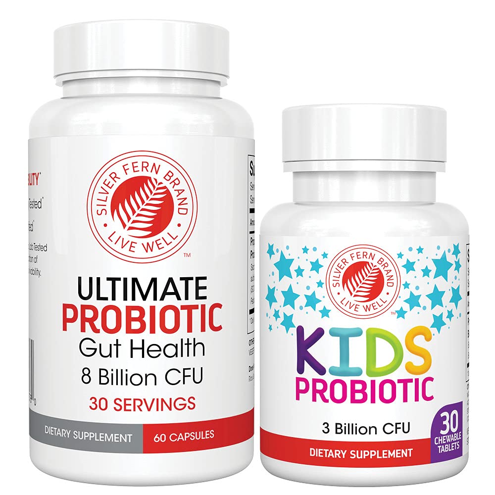 Probiotiques de la famille Silver Fern Brand - Probiotique adulte ultime (1 bouteille = 60 capsules) Plus Probiotique pour enfants ultime (1 bouteille = 30 croustilles) - Gut Health & Microbiome Support
