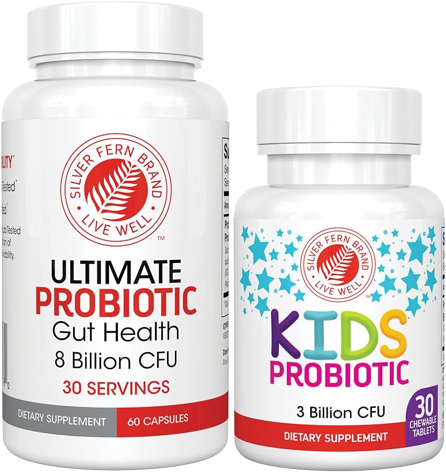 Probiotiques de la famille Silver Fern Brand - Probiotique adulte ultime (1 bouteille = 60 capsules) Plus Probiotique pour enfants ultime (1 bouteille = 30 croustilles) - Gut Health & Microbiome Support