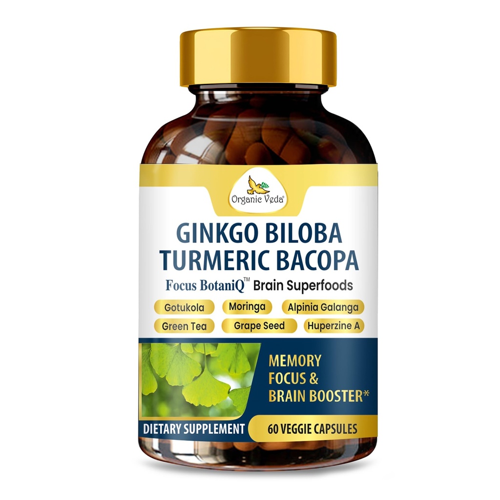 Véda biologique Ginkgo Biloba Cerveau de Bacopa Turmeric pour la mémoire, l'humeur et le focus avec Ashwagandha - Concentration, énergie et booster cerveau, articulations saines et support de circulation - 60 Capsule Vegan