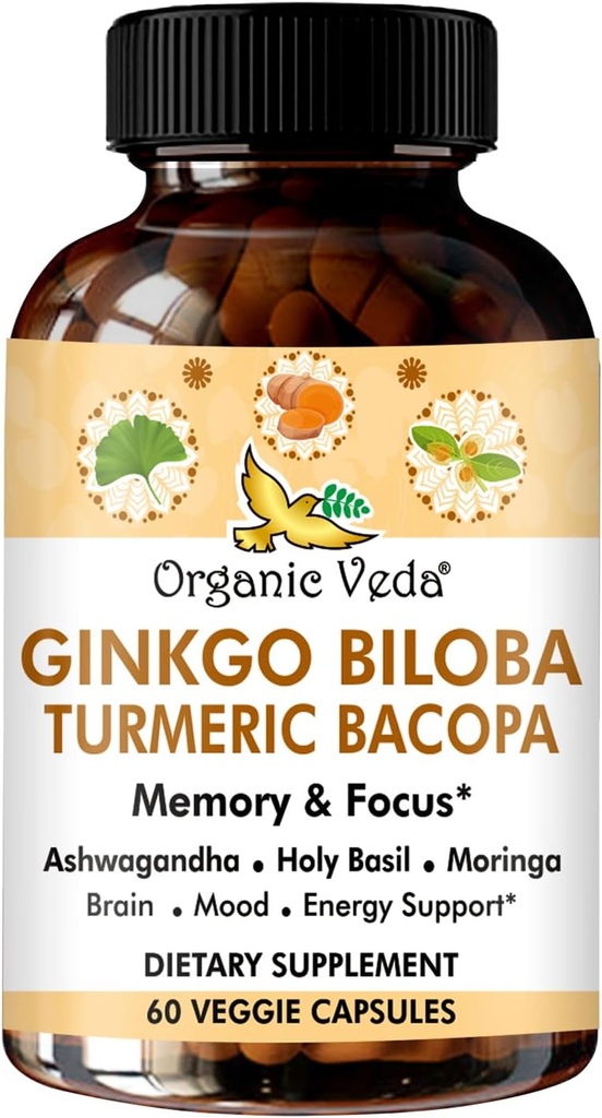 Véda biologique Ginkgo Biloba Cerveau de Bacopa Turmeric pour la mémoire, l'humeur et le focus avec Ashwagandha - Concentration, énergie et booster cerveau, articulations saines et support de circulation - 60 Capsule Vegan