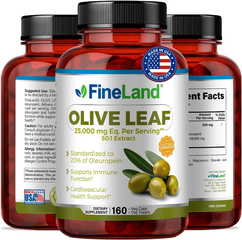 FineLand Olive Leaf Extract 50x – 25 000mg Eq. par service , 160 Caps végétaliens, extrait d'olive avec 20% Oleuropein , supplément antioxydant à base de plantes pour le support circulatoire et immunitaire, fabriqué aux États-Unis
