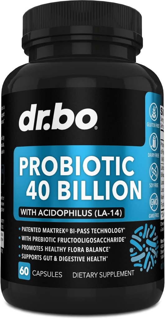 Probiotique Supplément CFU 40 milliards - Lactobacillus Acidophilus Probiotiques pour les femmes et les hommes Capsules - Probiotiques sans gluten pour pilules de santé digestive avec Bifidobacterium, Plantarum, Paracasei, FOS