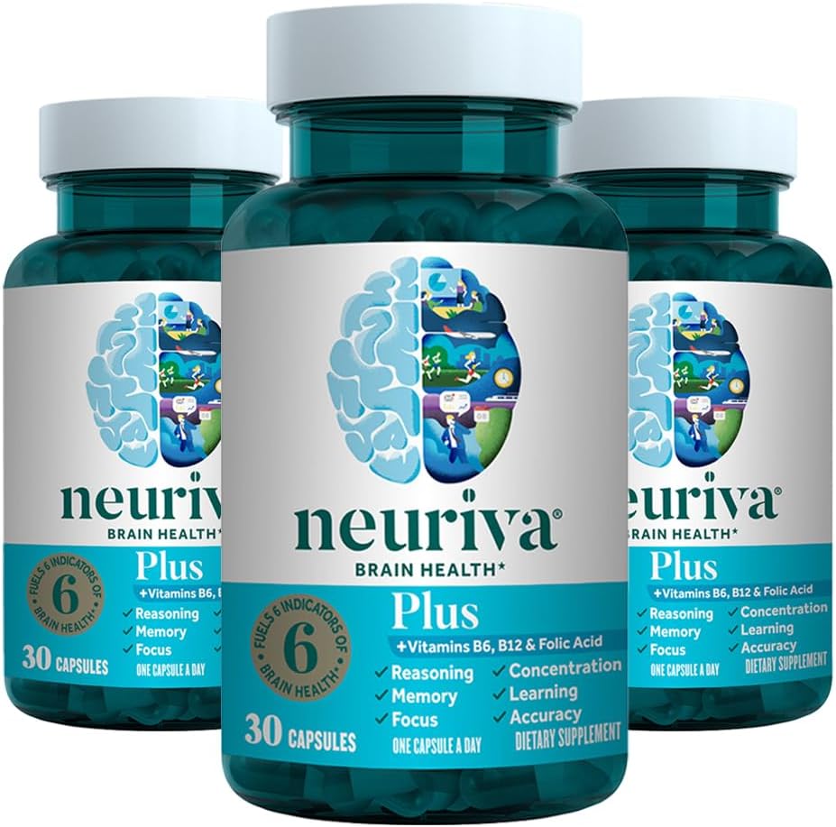 NEURIVA Plus Supplément Cerveau pour mémoire, concentration et concentration + fonction cognitive avec Nootropics Phosphatidylsérine et neurofacteur testés cliniquement, VIT B6 & B12, 30 Capsules de comptage (3 Pack)