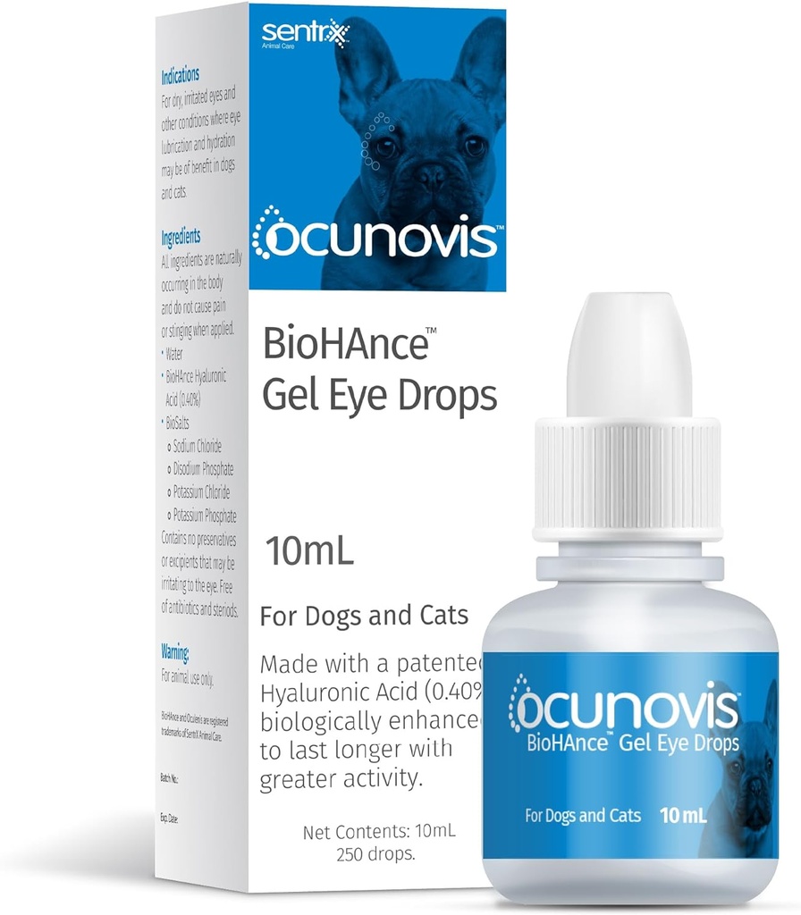 Sentrx Ocunovis Gel gouttes pour les yeux pour chiens et chats, Lube pour les yeux pour chiens Lubrifiant anti-allergie, Chiens avec yeux secs, Larmes artificielles, 10 ml