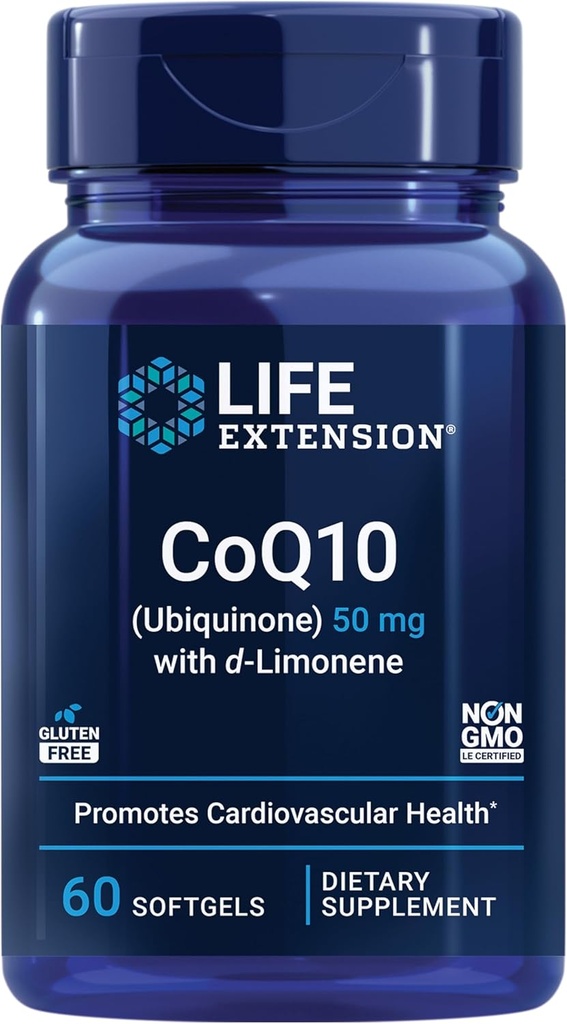 Life Extension Super-Absorbable CoQ10 (Ubiquinone) avec d-Limonène, Supplément santé cardiaque, soulage la fatigue générale, anti-stress oxydant, 50 mg, non-OGM, sans gluten, 60 softgels