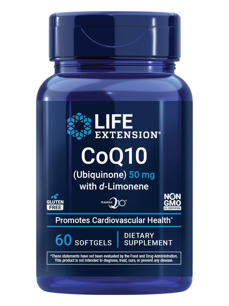 Life Extension Super-Absorbable CoQ10 (Ubiquinone) avec d-Limonène, Supplément santé cardiaque, soulage la fatigue générale, anti-stress oxydant, 50 mg, non-OGM, sans gluten, 60 softgels