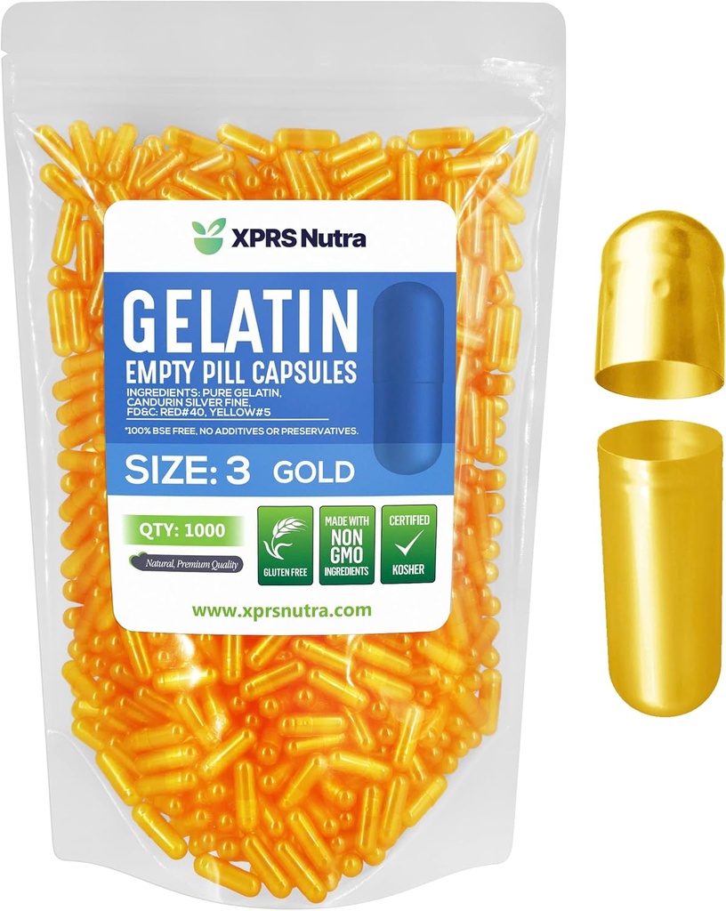 XPRS Nutra Taille 3 Capsules vides - 1000 Compte Capsules de gélatine vides - Pills Bricolage Capsule Remplissage - Bouchons de Gel de Pilule de Bovin Pure pour Suppléments Do-It-Youlf (Or)
