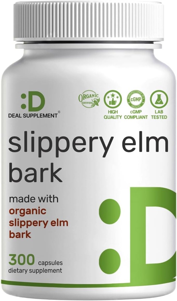 Slippery Elm Capsules – 300 pilules, faites avec extrait de poudre d'écorce intérieure biologique – Herbe naturelle pour la gorge apaisante et le soutien digestif – Non-OGM