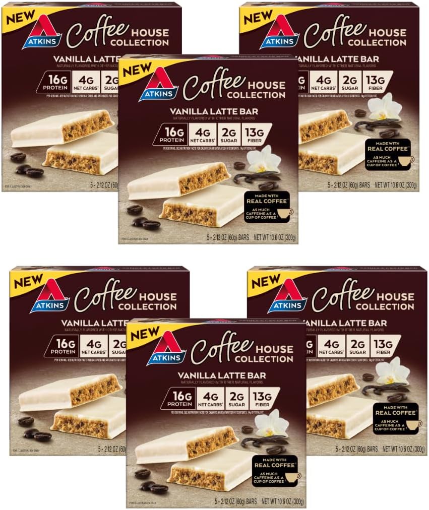 Atkins Coffee House Meal Bar, Vanilla Latte, 16g de protéines, 4g de glucides nets, 2g de sucre, 13g de fibre, fait avec du café réel, 5 comte (paquet de 6)