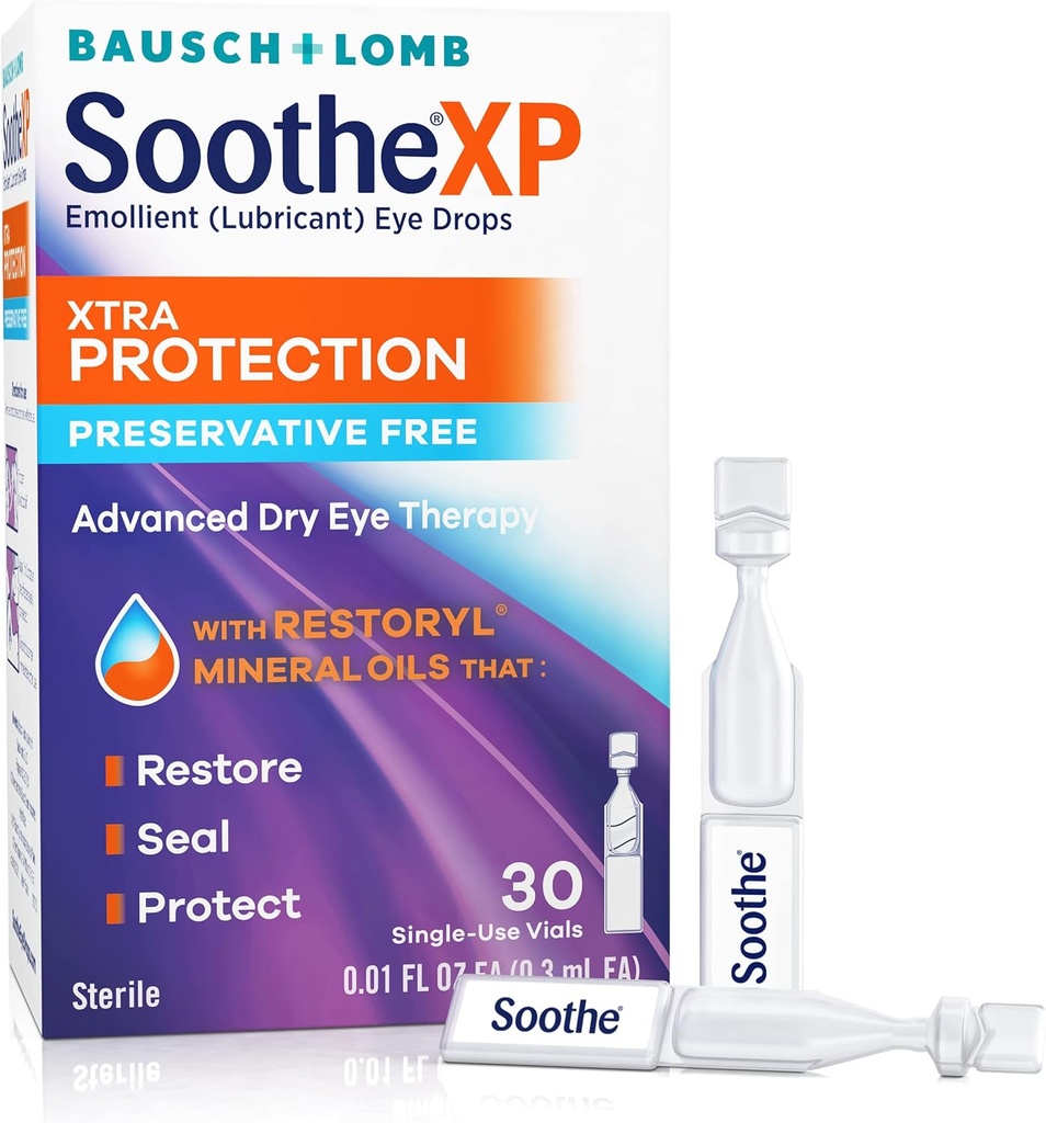 Soothe XP gouttes oculaires libres de préservation, protection Xtra gouttes oculaires lubrifiantes pour les yeux secs, soulager l'irritation et protège contre la perte de la déchirure, thérapie avancée des yeux secs, flacons à usage unique, 30 comtes