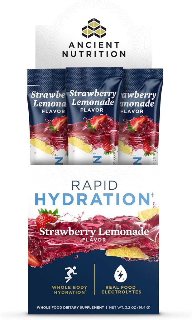 Alimentation ancienne Poudre d'hydratation rapide, Lémonade de fraises, Électrolytes de sels de mer naturels et d'algues marines rouges, soutient l'hydratation rapide du corps et la santé cellulaire, 15 portions