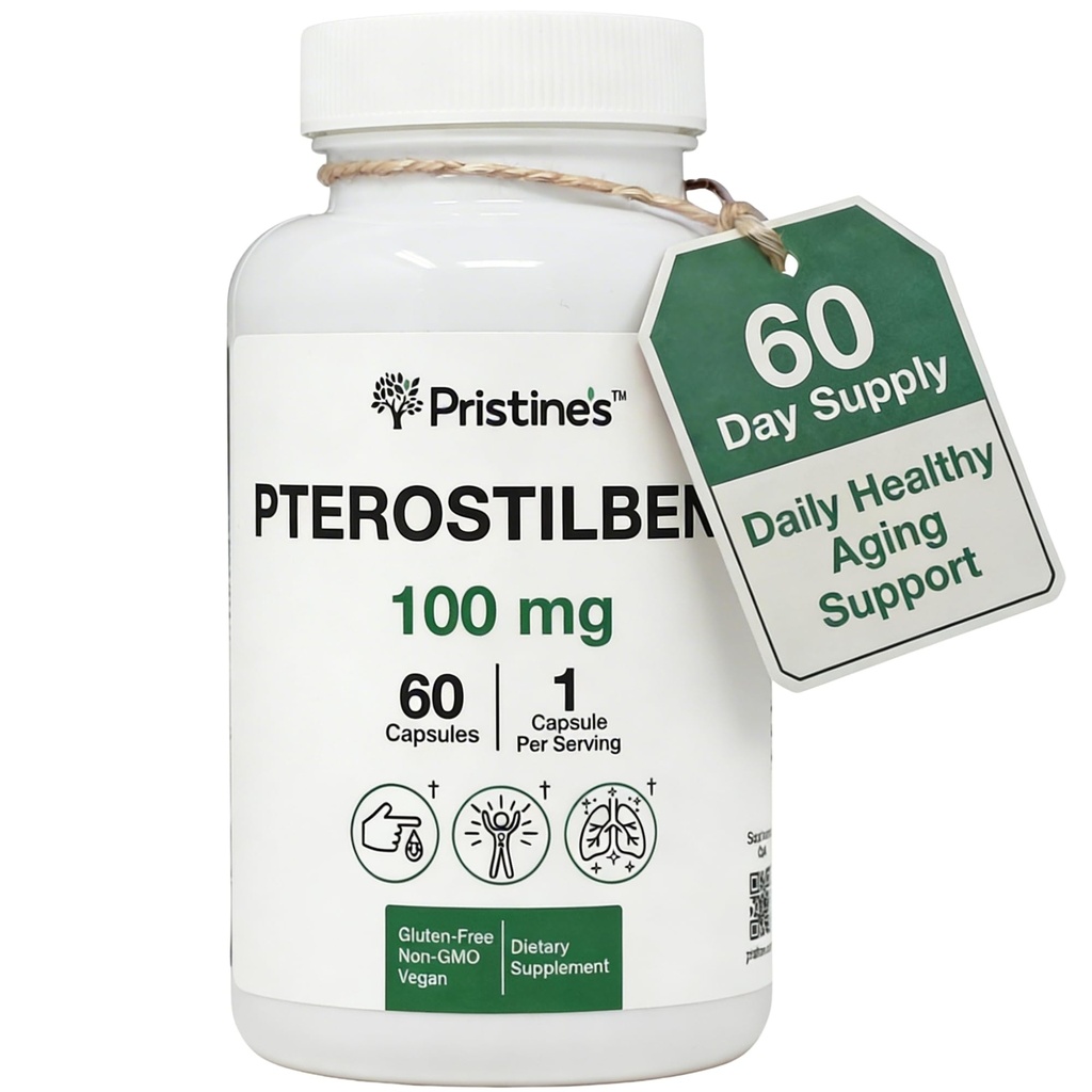 PRISTINE Pterostilbene 100mg Anti Vieillissement Supplément Capsules - 60 jours d'approvisionnement - Santé pulmonaire et clarté mentale Antioxydant - Biodisponibilité élevée Vegan Non OGM