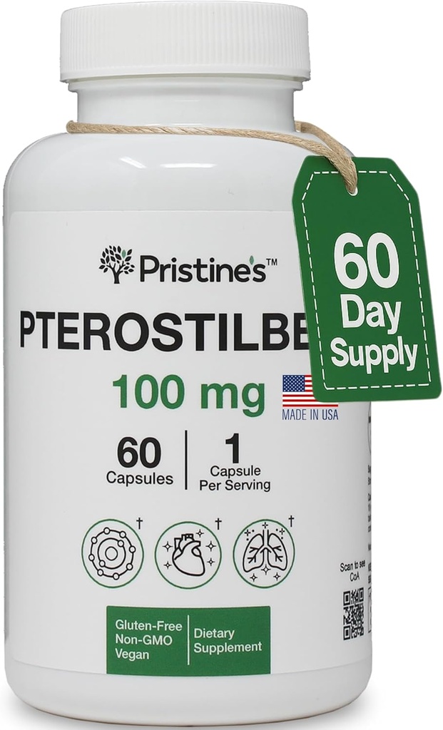 PRISTINE Pterostilbene 100mg Anti Vieillissement Supplément Capsules - 60 jours d'approvisionnement - Santé pulmonaire et clarté mentale Antioxydant - Biodisponibilité élevée Vegan Non OGM