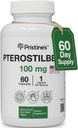 PRISTINE Pterostilbene 100mg Anti Vieillissement Supplément Capsules - 60 jours d'approvisionnement - Santé pulmonaire et clarté mentale Antioxydant - Biodisponibilité élevée Vegan Non OGM
